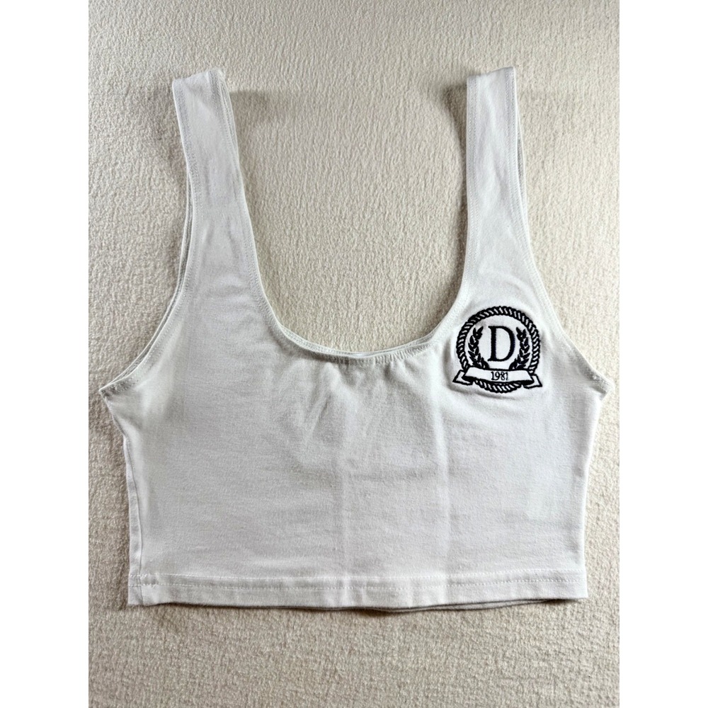 Danzy Design Studio Women's S Cropped Tank Top White Crest Made USA Y2K Preppy
